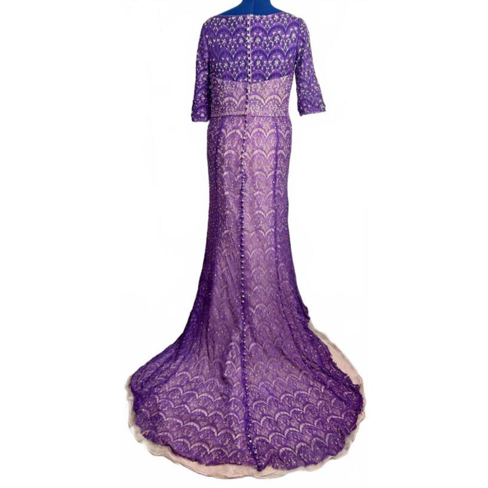 Hand-Dyed Oleg Cassini Purple Lace Wedding Gown‎ Vintage Bridal Dramatic Train